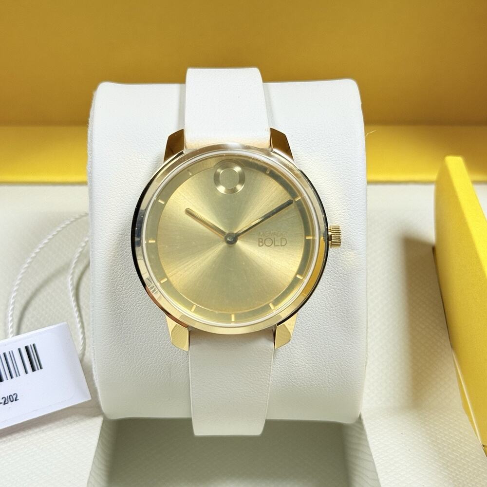New- Movado Trend Element 3600985 Gold Dial White Leather Band Women’s Watch